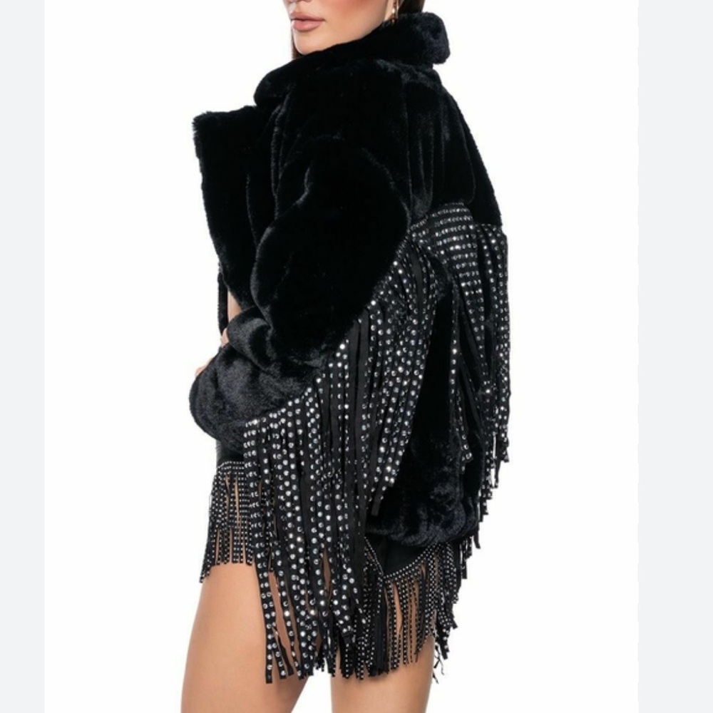Azalea Wang Faux Fur Studded Fringe Jacket